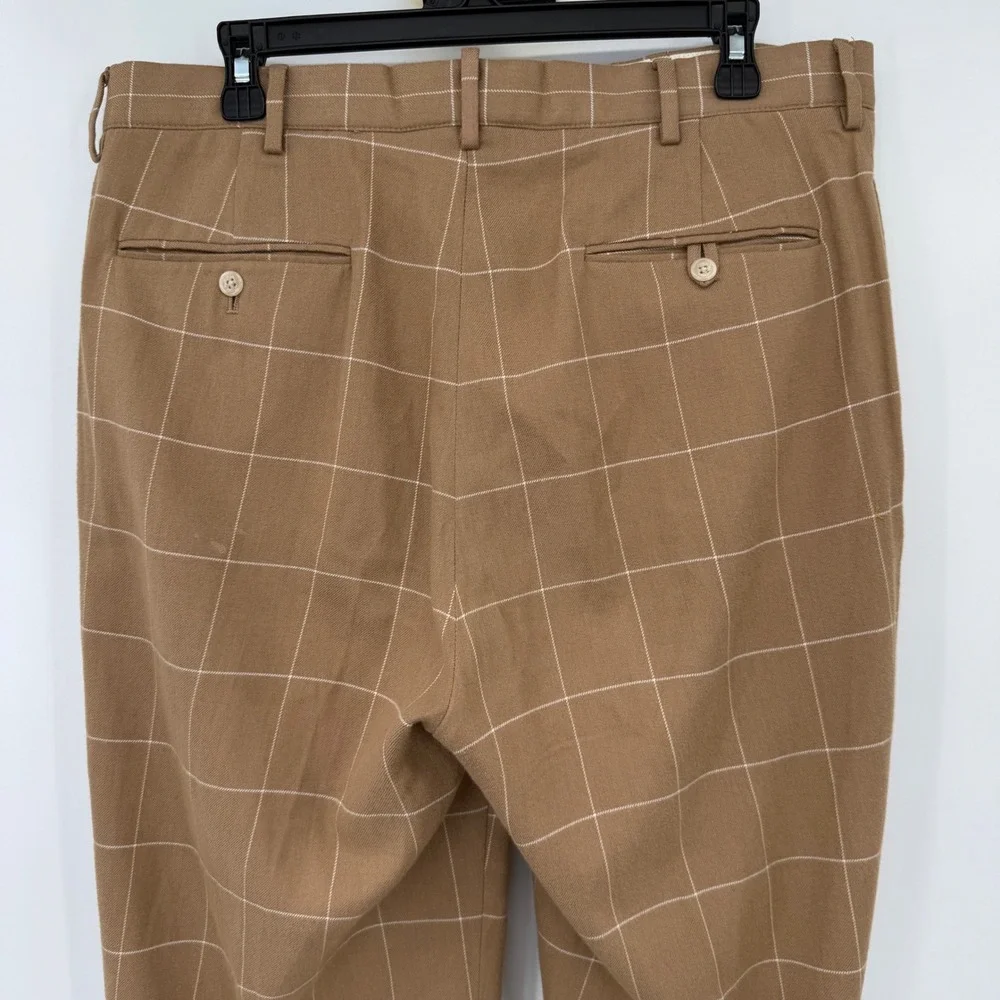 Polo Golf Ralph Lauren Pants Mens 34x33 Tan Windowpane Cotton Wool Silk Pleated